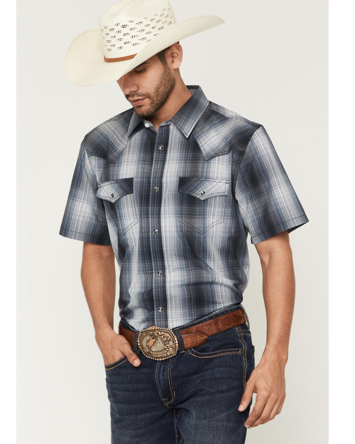 Cody James Men's Weed Wacker Plaid Print Short Sleeve Snap Western Shirt - Tall, Blue, hi-res