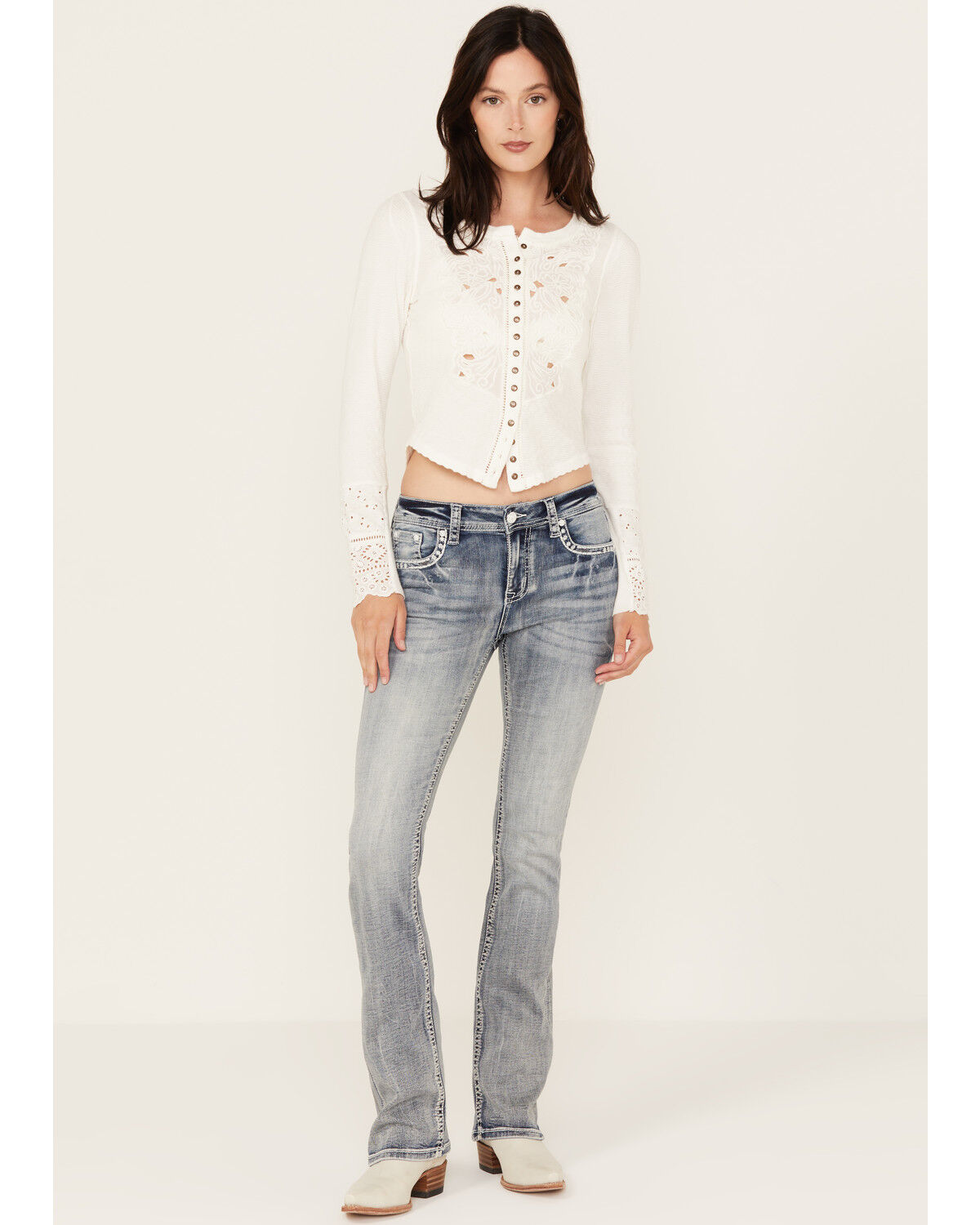 Image #3 - Grace in LA Women's Light Wash Mid Rise Floral Motif Pocket Bootcut Jeans, , hi-res
