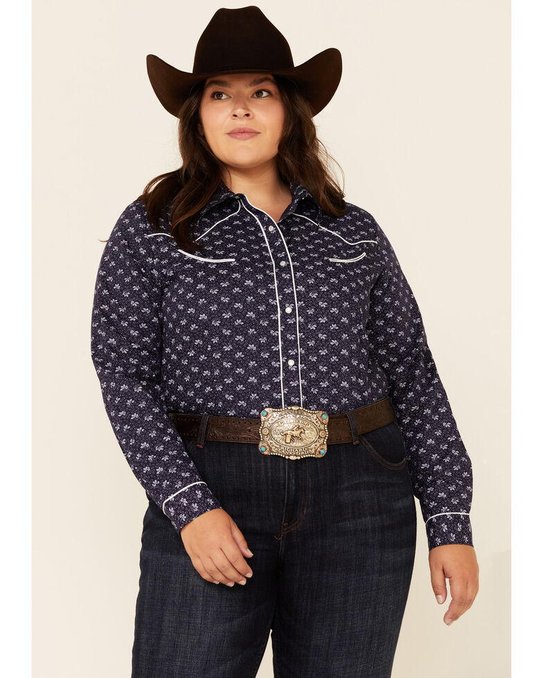 Roper Women's Classic Floral Print Long Sleeve Snap Western Core Shirt - Plus, Blue, hi-res