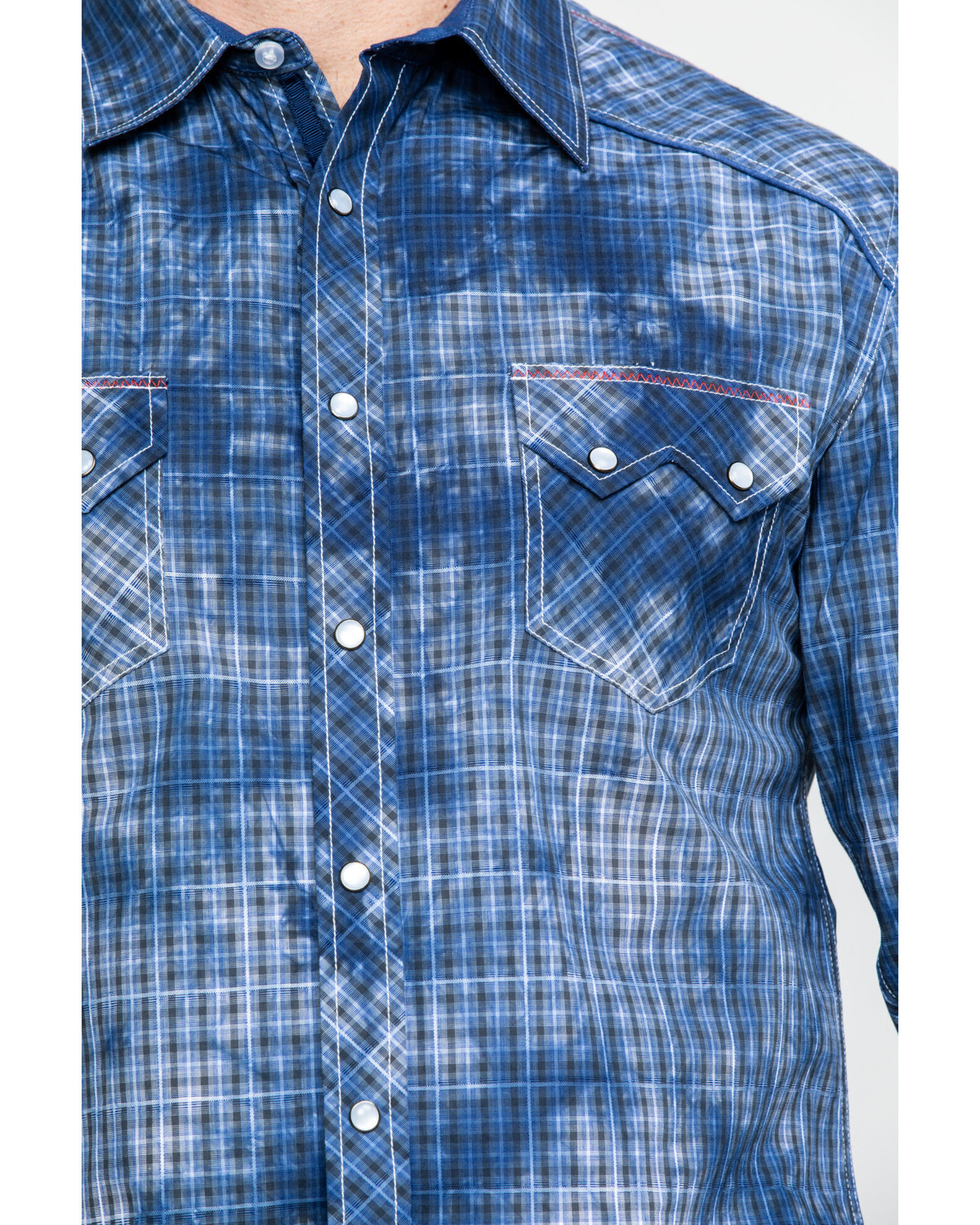 Image #4 - Rock & Roll Denim Men's Spray Washed Satin Plaid Long Sleeve Western Shirt, Blue, hi-res