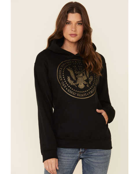 Ruby's Rubbish Women's She's A Good Girl USA Seal Graphic Hooded Sweatshirt , Black, hi-res