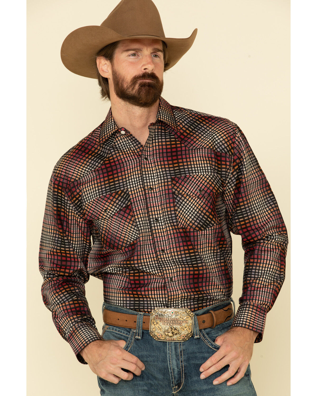 Image #1 - Resistol Men's Multi Chestnut Check Plaid Long Sleeve Western Shirt, Multi, hi-res