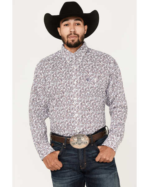 Wrangler Men's Paisley Print Long Sleeve Button-Down Shirt - Big & Tall, Burgundy, hi-res