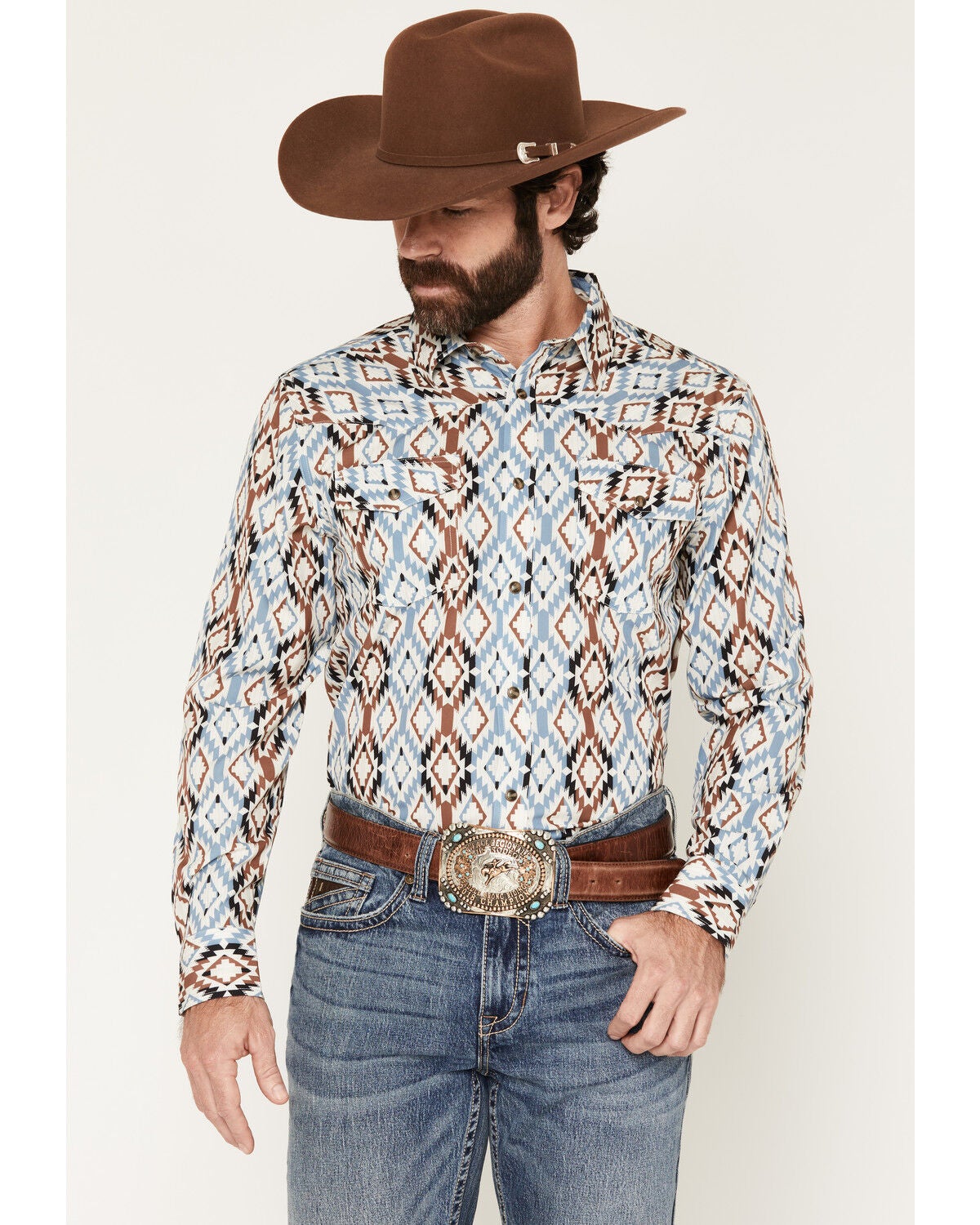 RANK 45&reg; Men's Warrior RODEOTEK&trade; Southwestern Print Long Sleeve Snap Western Shirt, Cream, hi-res
