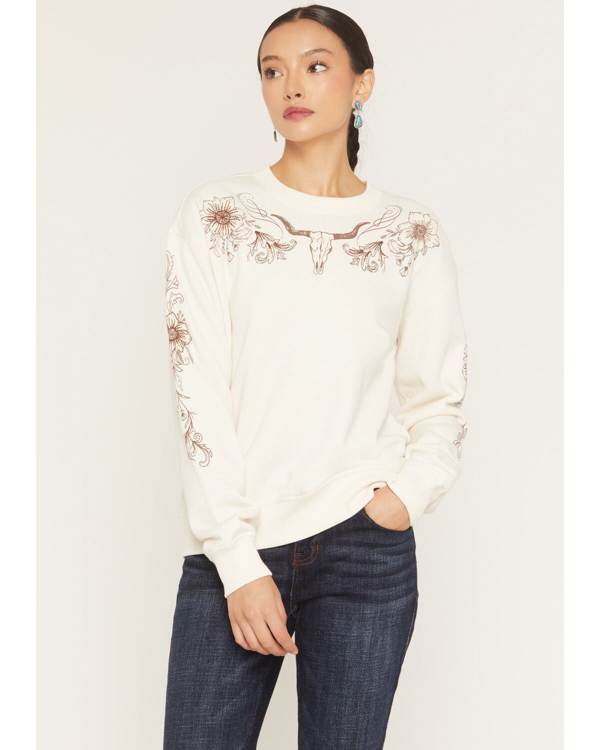 Image #1 - Idyllwind Women's Solona Steerhead Yoke Embroidered Crewneck Sweatshirt, Cream, hi-res