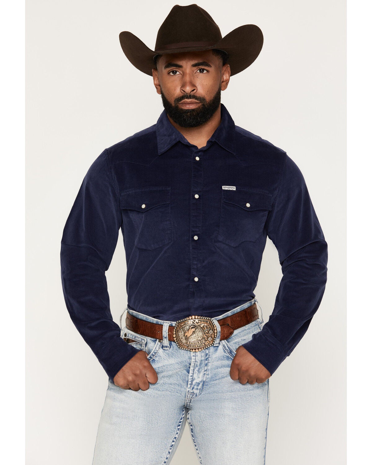 Sendero Provisions Men's Wyatt Solid Corduroy Long Sleeve Snap Western Shirt, Navy, hi-res