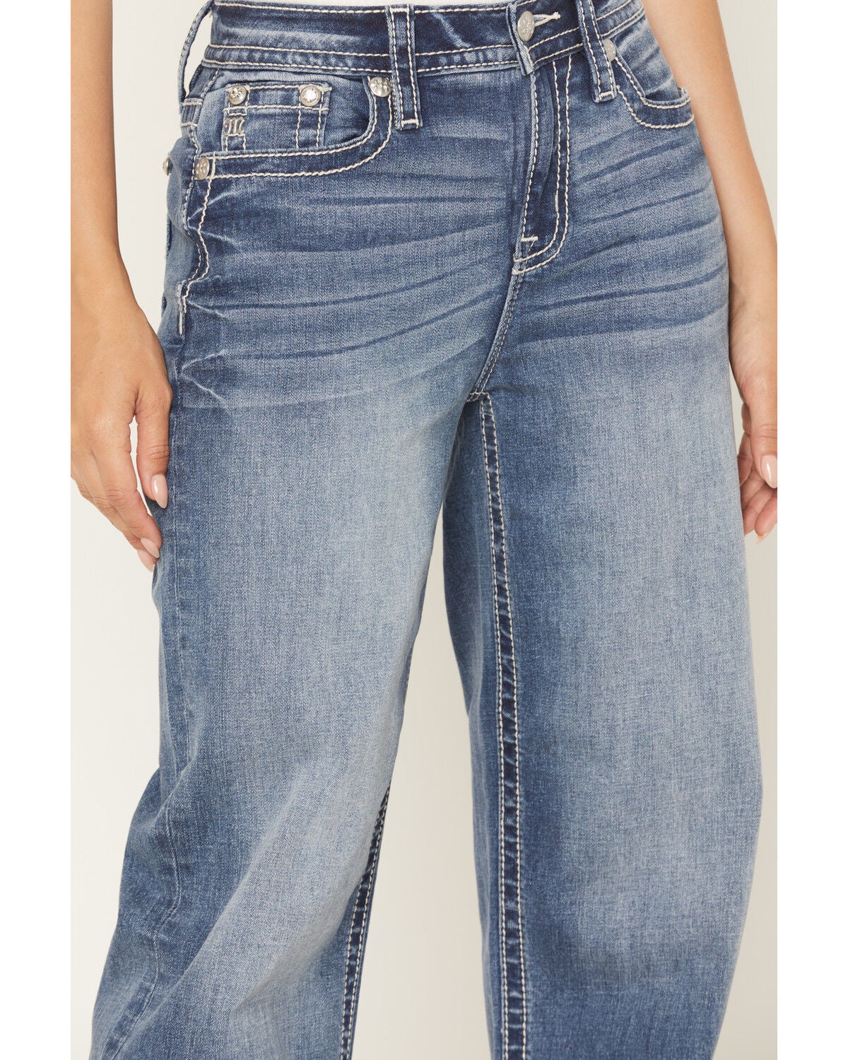 Image #4 - Miss Me Women's Medium Wash Mid Rise Paisley Pocket Slim 32" Bootcut Stretch Denim Jeans, Medium Wash, hi-res