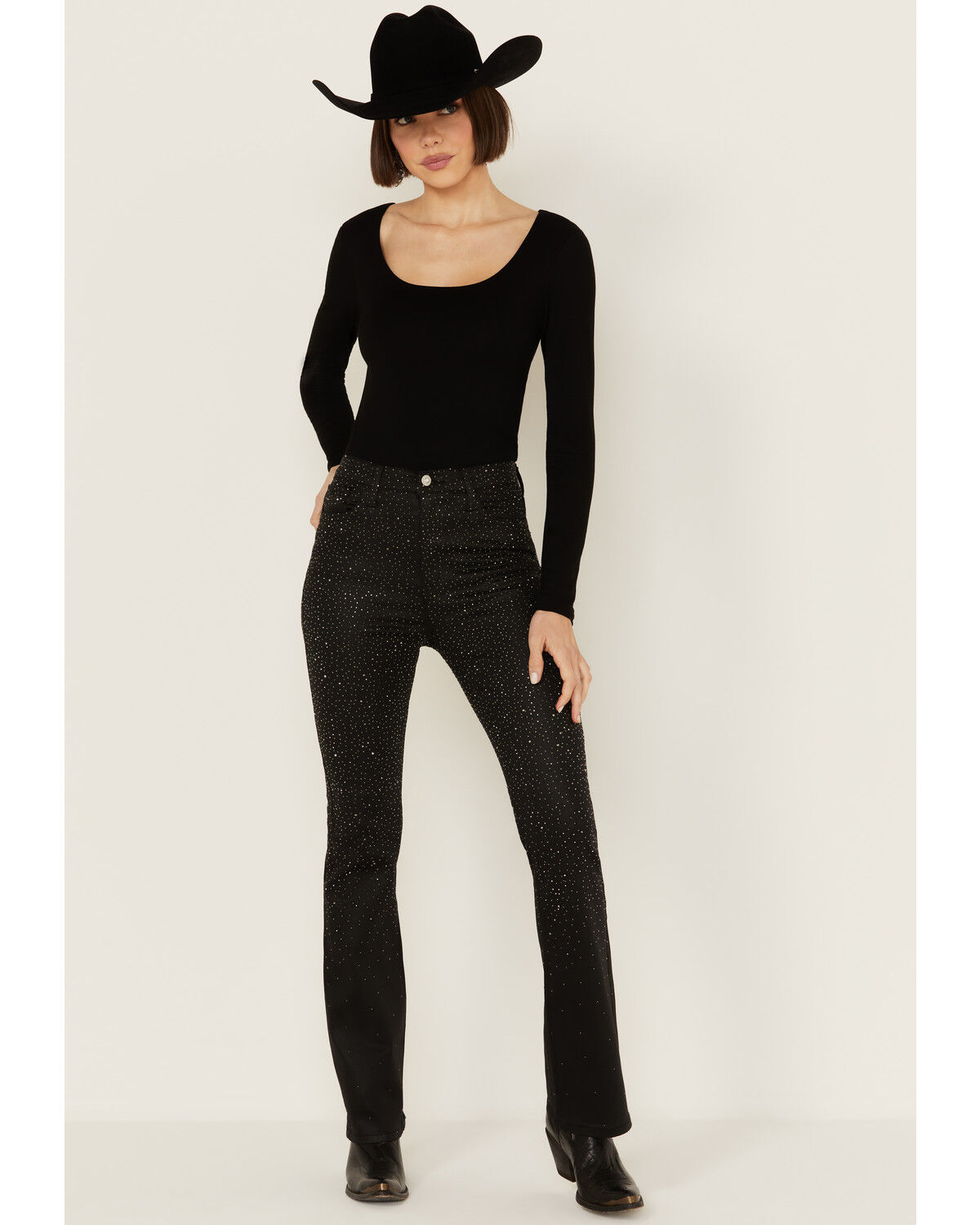 Image #1 - Vibrant Denim Women's Rhinestone High Rise Bootcut Denim Jeans, Black, hi-res