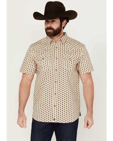 Moonshine Spirit Men's Spurs Floral Striped Short Sleeve Snap Western Shirt , Cream, hi-res