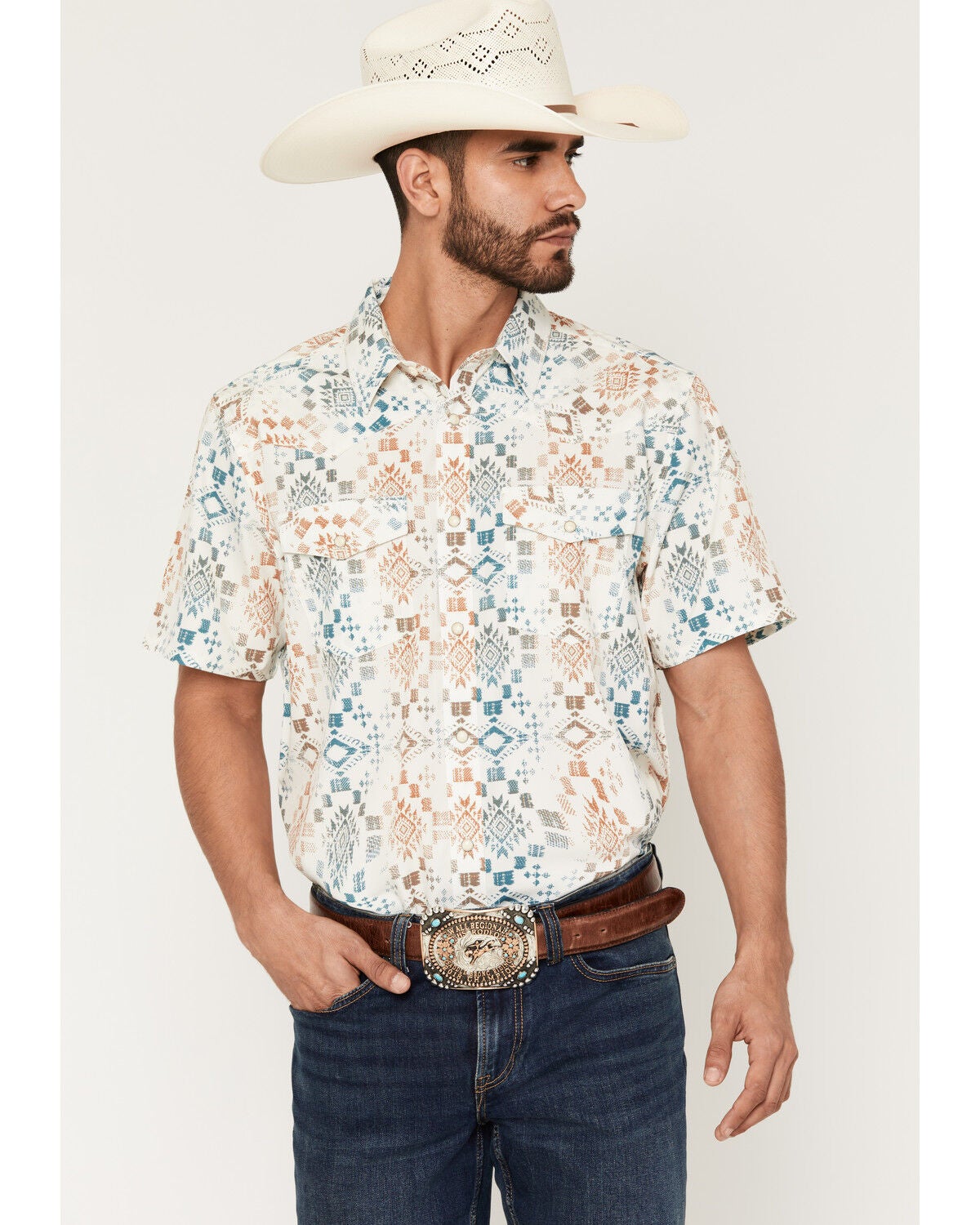 Image #1 - RANK 45&reg; Men's Everglades 2.0 Southwestern Print Rodeo Tech Short Sleeve Snap Western Shirt, Ivory, hi-res