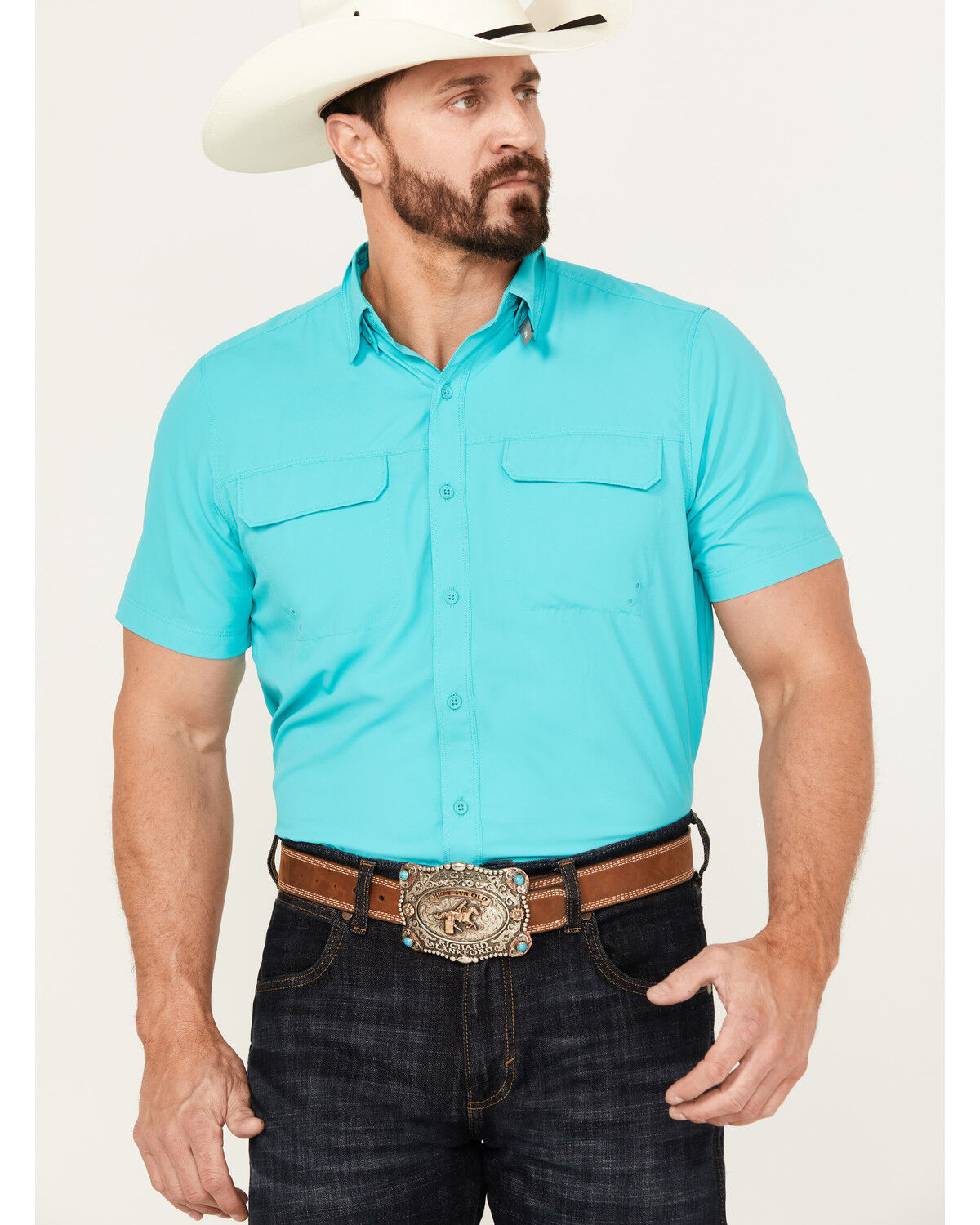 Image #1 - Ariat Men's VentTEK Outbound Solid Fitted Short Sleeve Performance Shirt, Turquoise, hi-res