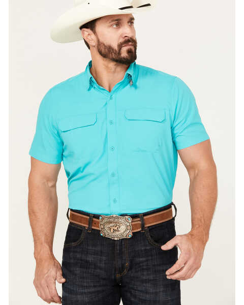 Ariat Men's VentTEK Outbound Solid Fitted Short Sleeve Performance Shirt, Turquoise, hi-res