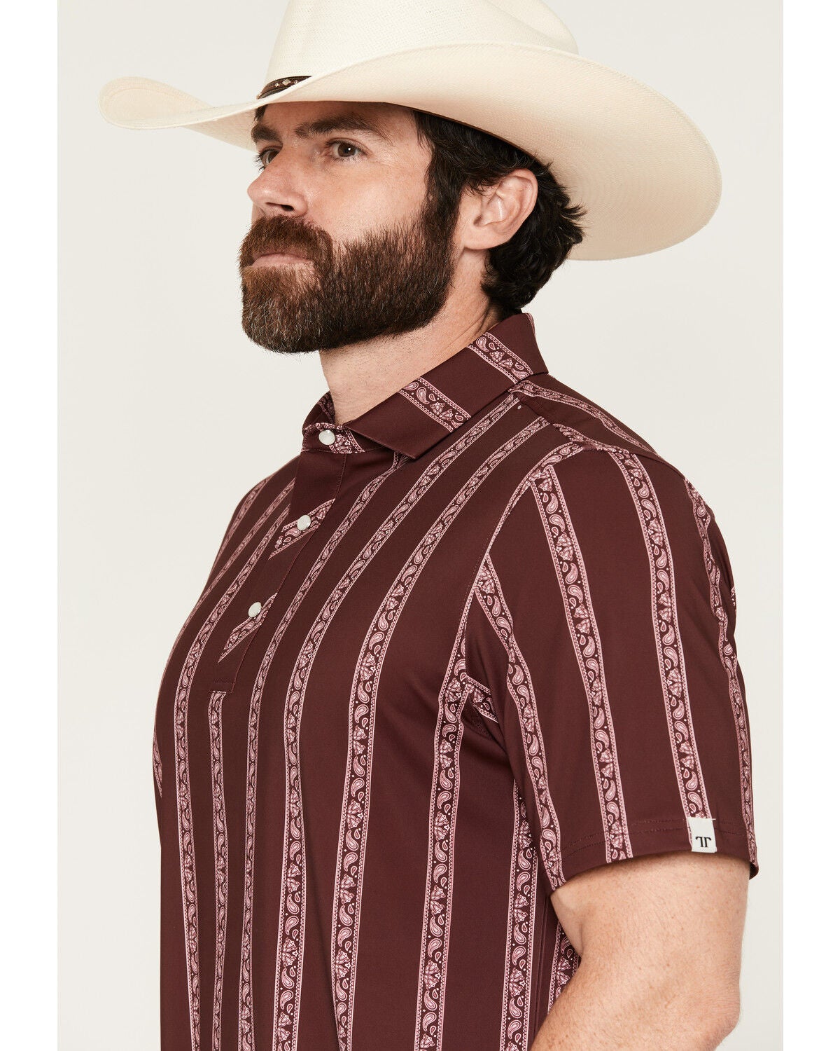 Image #2 - Ferrell Men's Hays Striped Print Short Sleeve Snap Stretch Polo Shirt, Maroon, hi-res