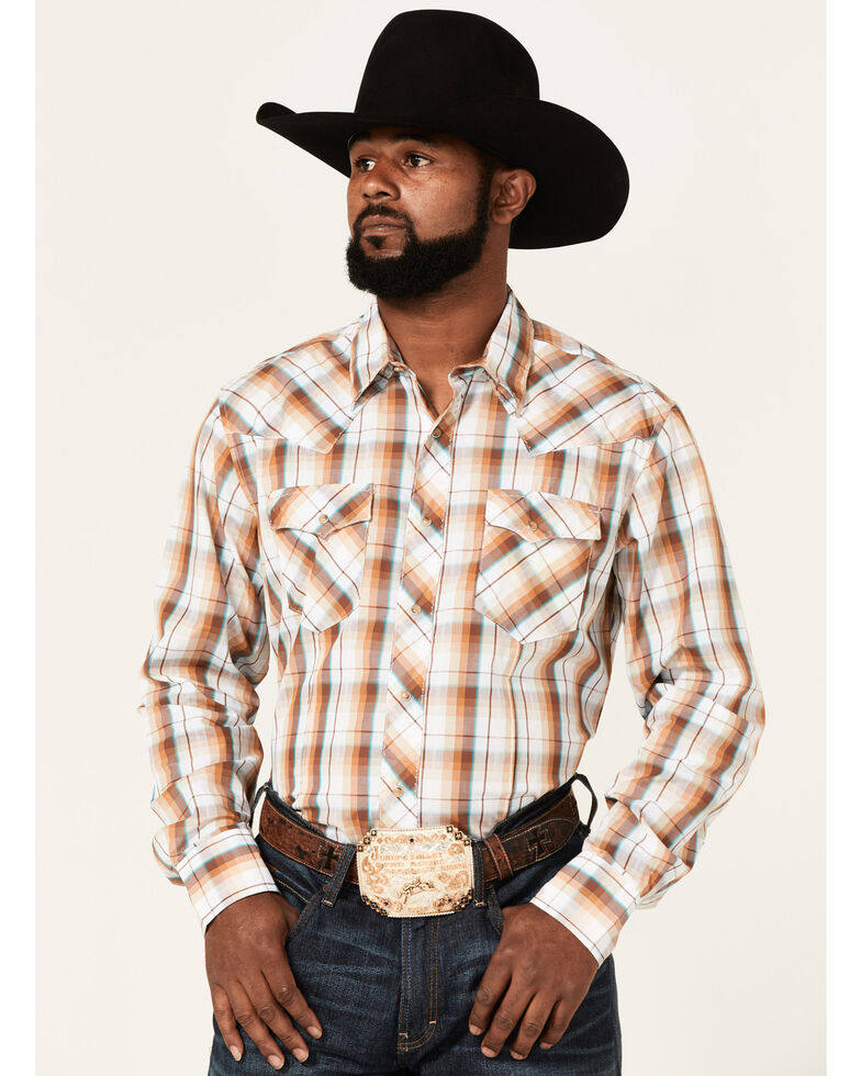 Wrangler Men's Modern Fit Plaid & Southwestern Western Snap Shirt, Brown, hi-res