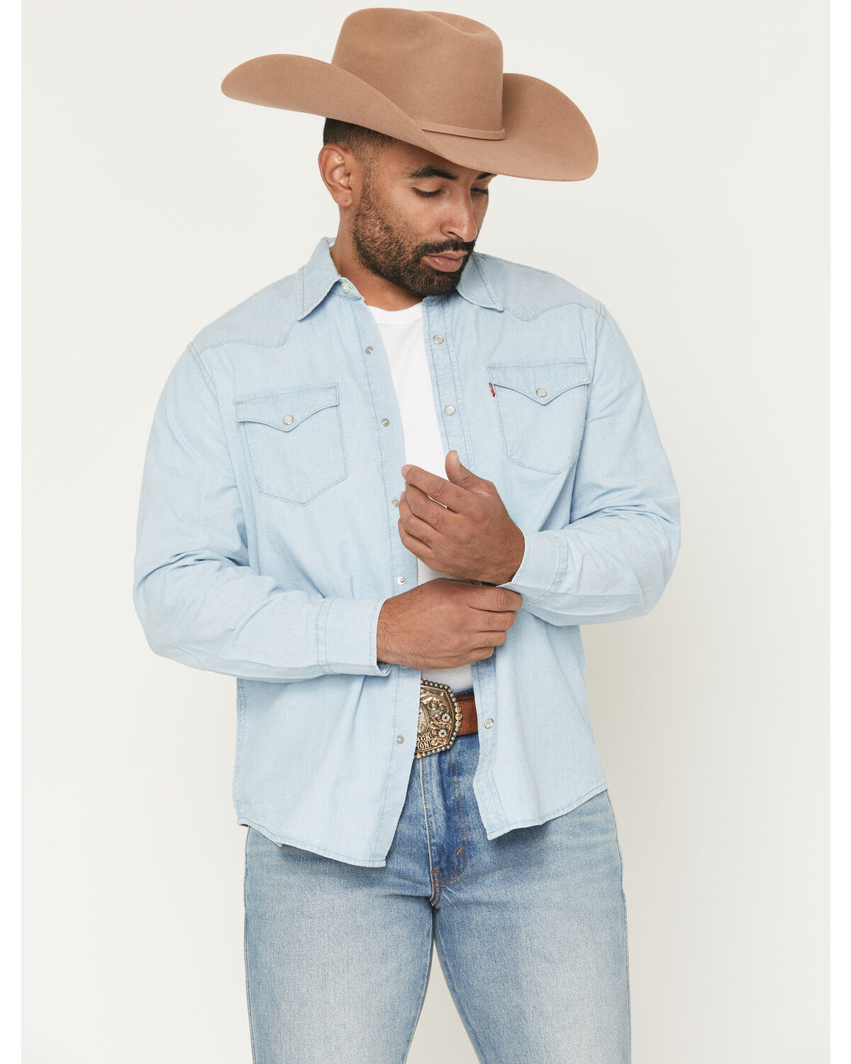 Image #1 - Levi's Men's Light Wash Classic Western Standard Long Sleeve Pearl Snap Western Shirt, Light Wash, hi-res