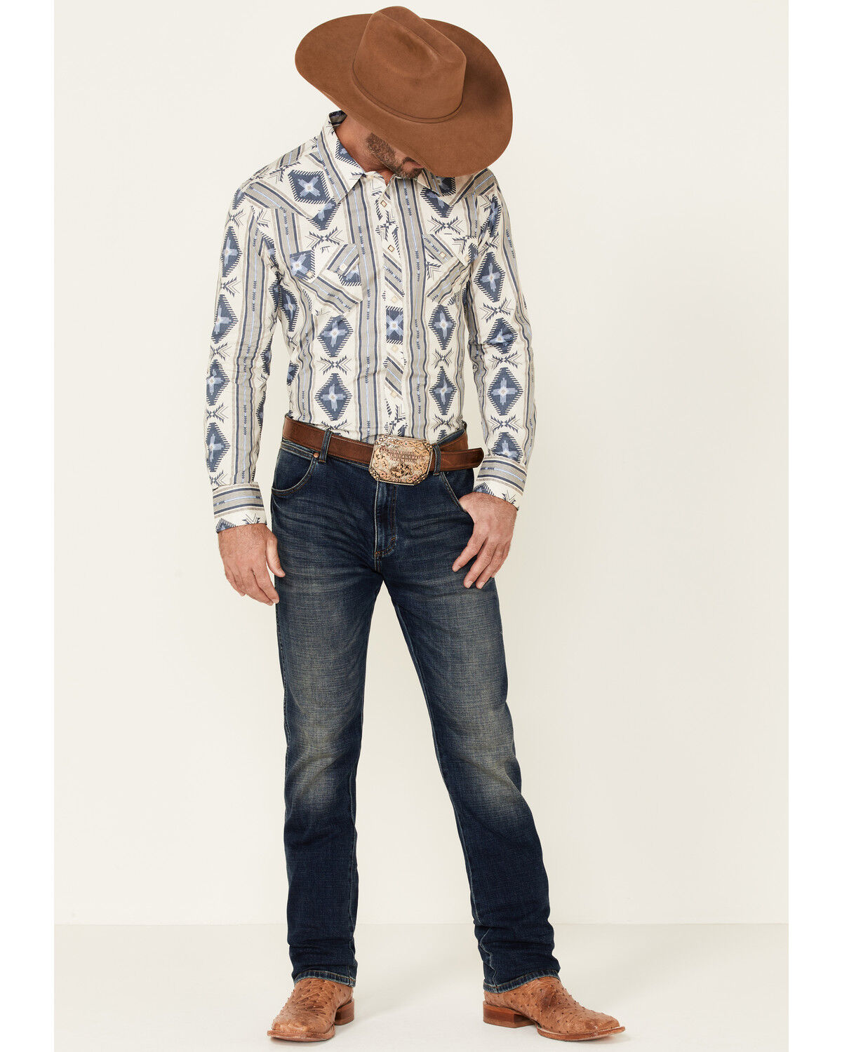 Image #2 - Rock & Roll Denim Men's Navy Southwestern Print Long Sleeve Snap Western Shirt, Navy, hi-res