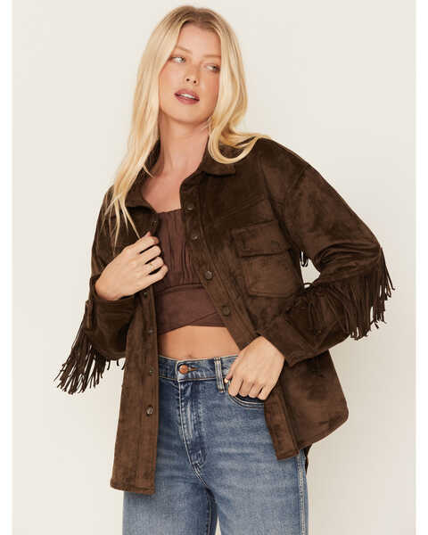 Cotton & Rye Women's Faux Suede Long Sleeve Snap Western Fringe Shirt, Chocolate, hi-res