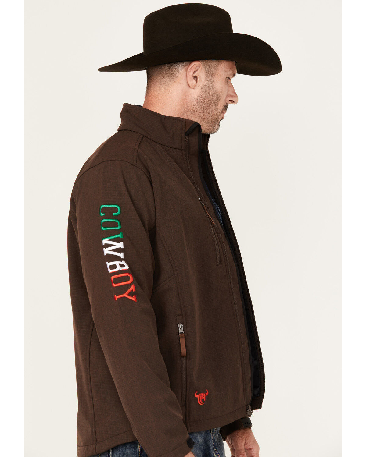 Image #2 - Cowboy Hardware Men's Mexico Flag Bull Softshell Zip Jacket, Chocolate, hi-res