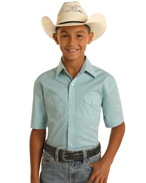 Panhandle Boys' Geo Print Short Sleeve Snap Western Shirt , Aqua, hi-res