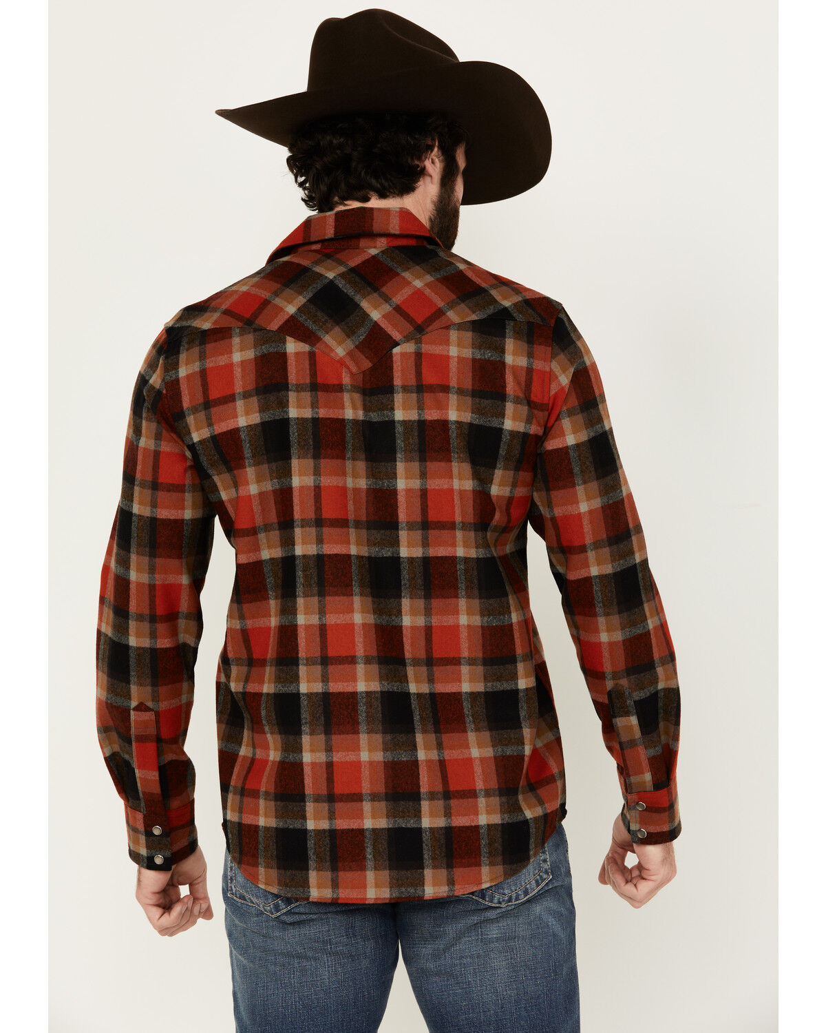 Image #4 - Pendleton Men's Canyon Plaid Print Long Sleeve Pearl Snap Western Shirt, Red, hi-res