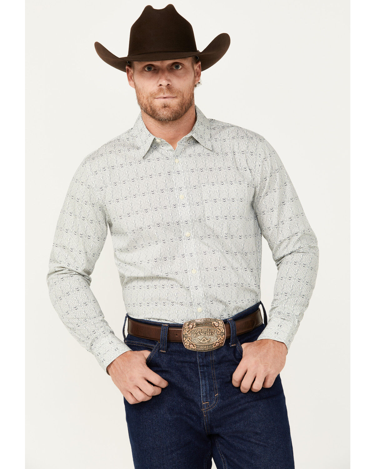 Image #1 - Gibson Trading Co Men's Arrow Down Southwestern Striped Print Long Sleeve Button-Down Western Shirt, Natural, hi-res