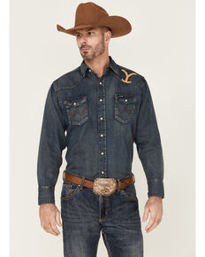 Wrangler Men's Yellowstone Dutton Ranch Long Sleeve Snap Denim Western Workshirt , Indigo, hi-res