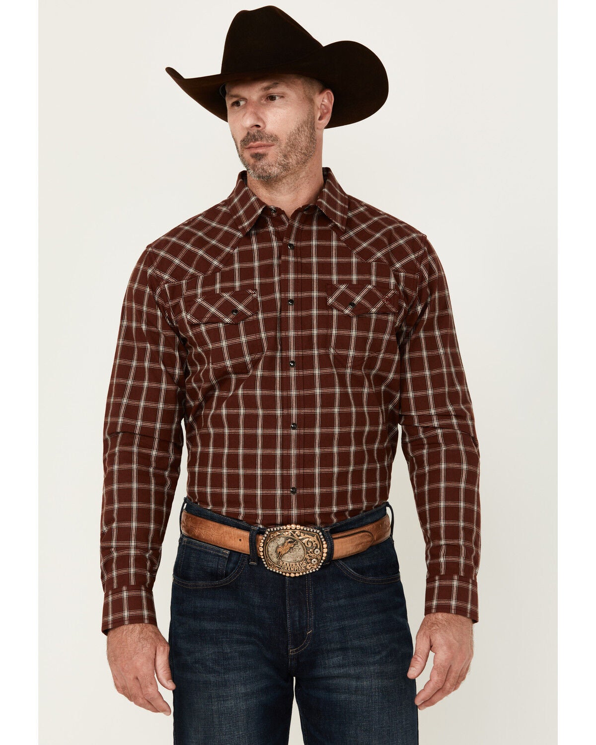 Image #1 - Blue Ranchwear Men's Elk Plaid Print Long Sleeve Snap Western Shirt, Dark Brown, hi-res
