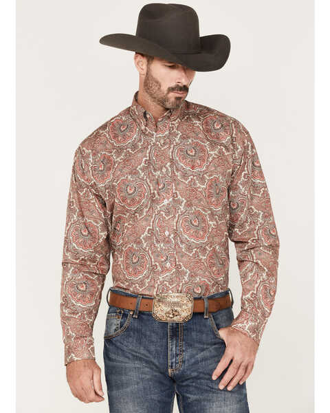 Stetson Men's Paisley Print Long Sleeve Button Down Western Shirt , Red, hi-res