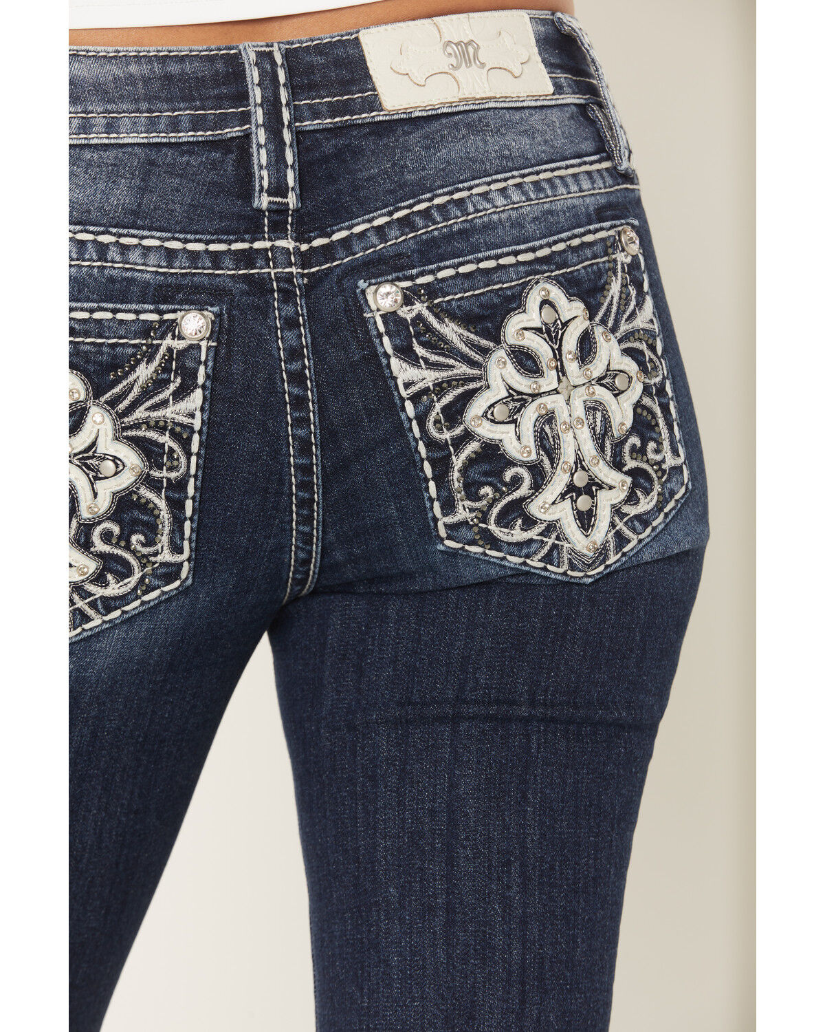 Image #2 - Miss Me Women's Dark Wash Mid Rise Faux Flap Pocket Bootcut Stretch Denim Jeans, Dark Wash, hi-res