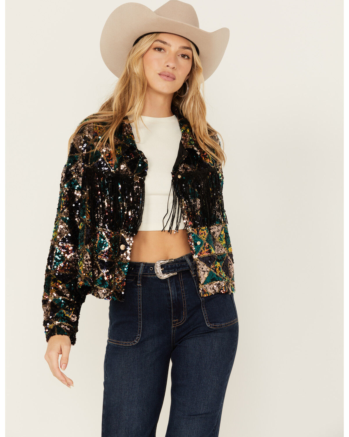 Image #1 - Miss Me Women's Sequin Cropped Fringe Jacket, , hi-res