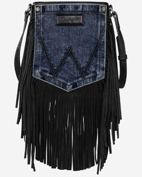Wrangler Women's Wrangler Jean Denim Pocket Fringe Crossbody Bag, Black, hi-res