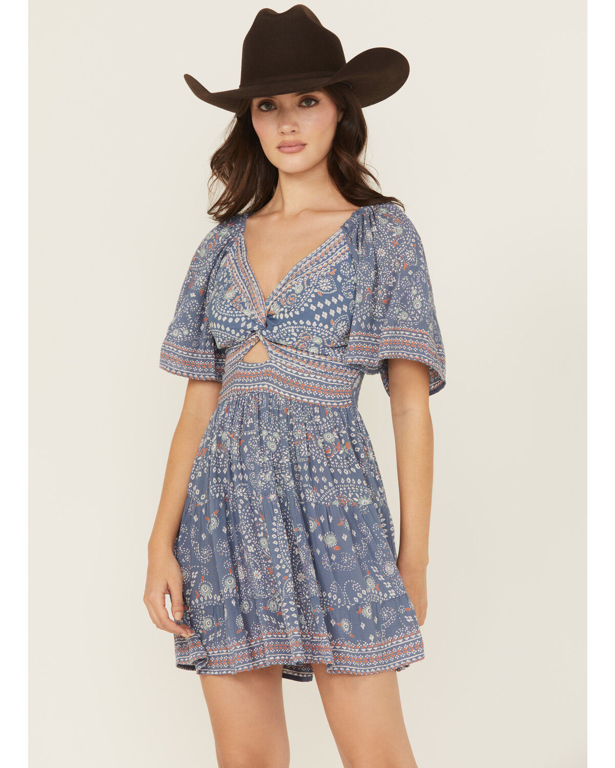 Image #1 - Angie Women's Border Print Knot Front Mini Dress, Blue, hi-res