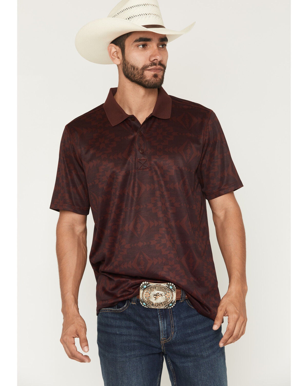 RANK 45&reg; Men's Tonal Southwestern Print Short Sleeve Button-Down Polo, Burgundy, hi-res