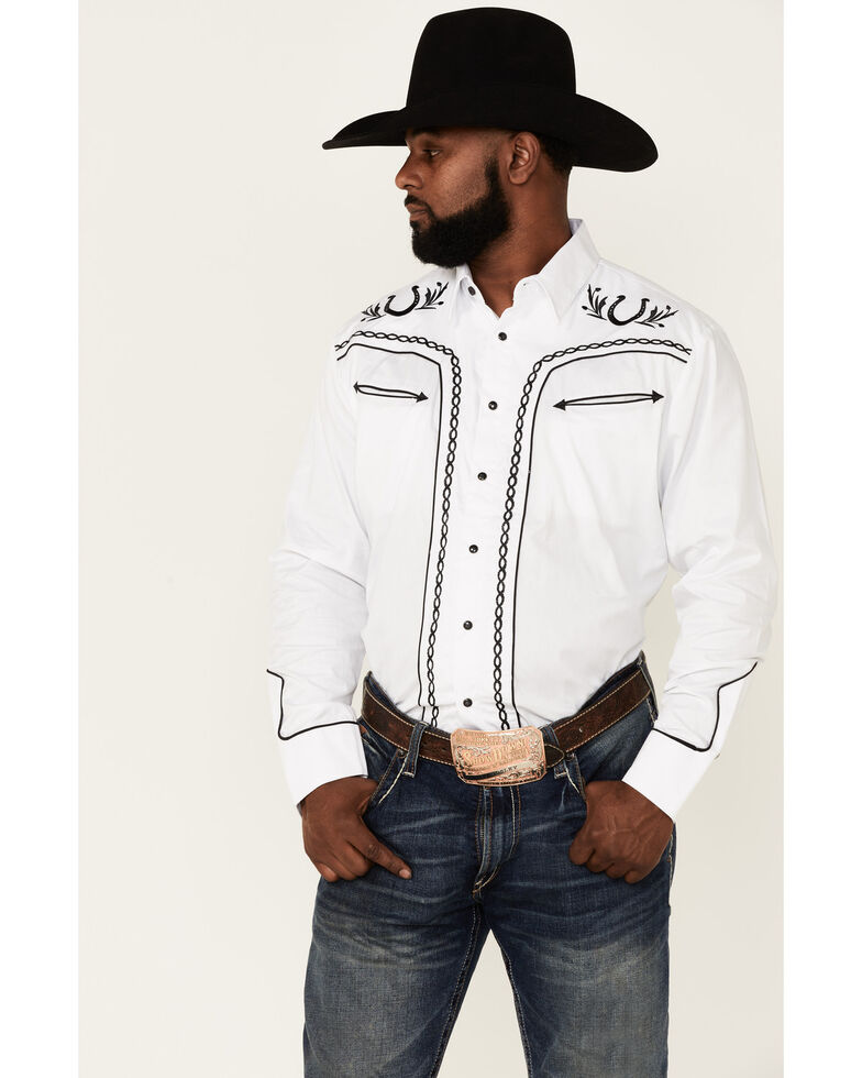 Rodeo Clothing Men's White & Black Horseshoe Embroidered Long Sleeve Snap Western Shirt , White, hi-res