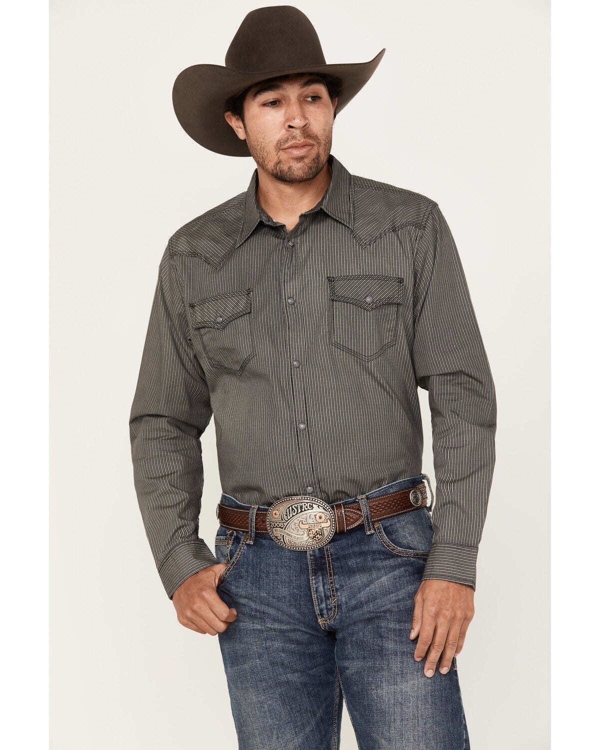 Moonshine Spirit&reg; Men's Country Night Striped Long Sleeve Western Snap Shirt, Navy, hi-res