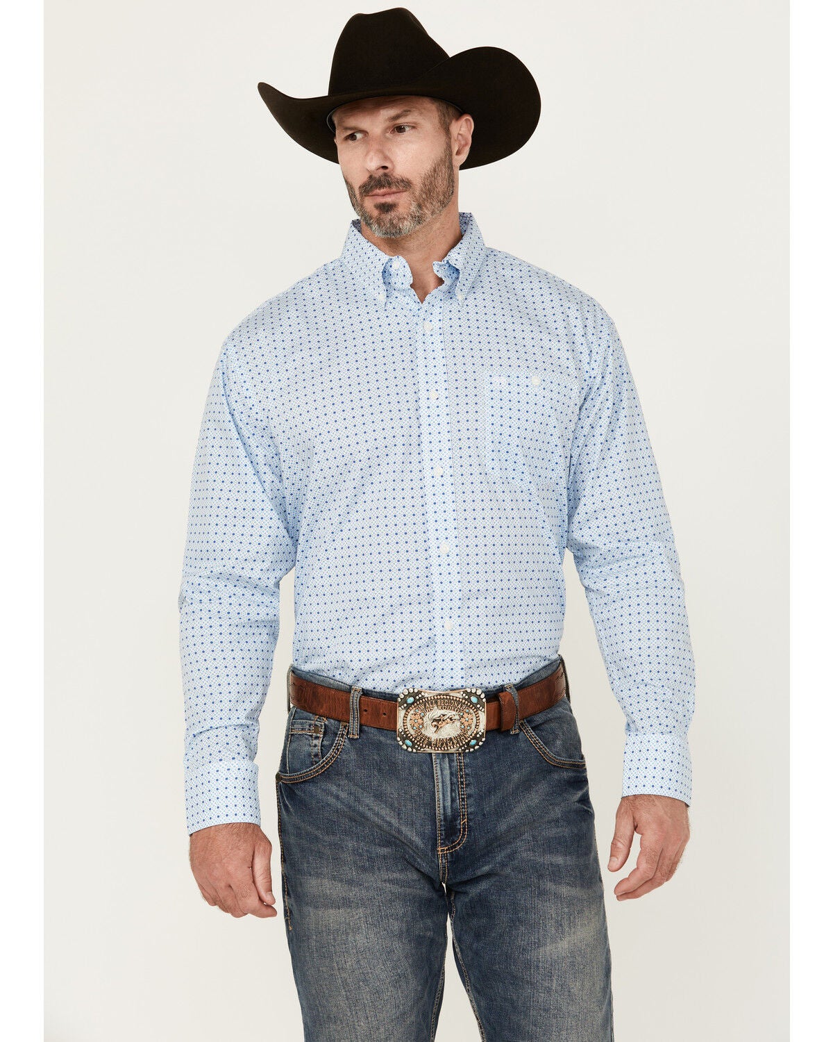 Wrangler Men's Geo Print Long Sleeve Button-Down Western Shirt, Blue, hi-res