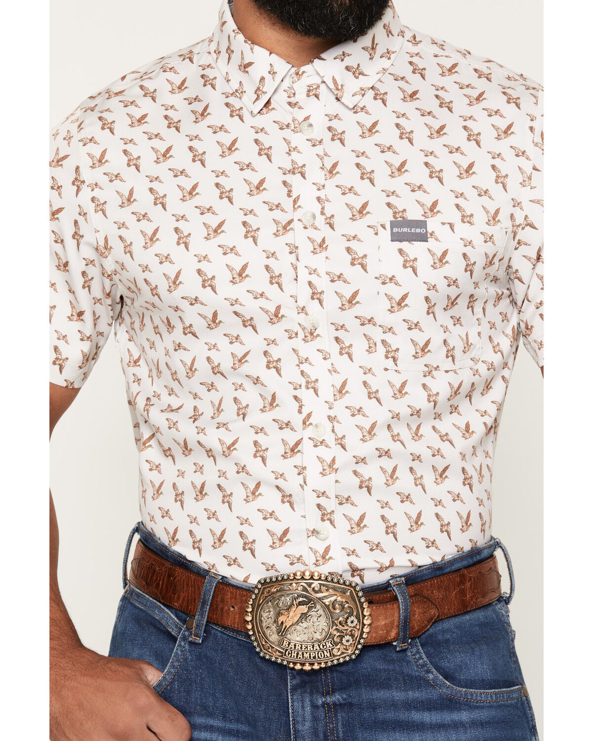Image #3 - Burlebo Men's Mallard Flying Duck Print Short Sleeve Button-Down Performance Western Shirt, Cream, hi-res