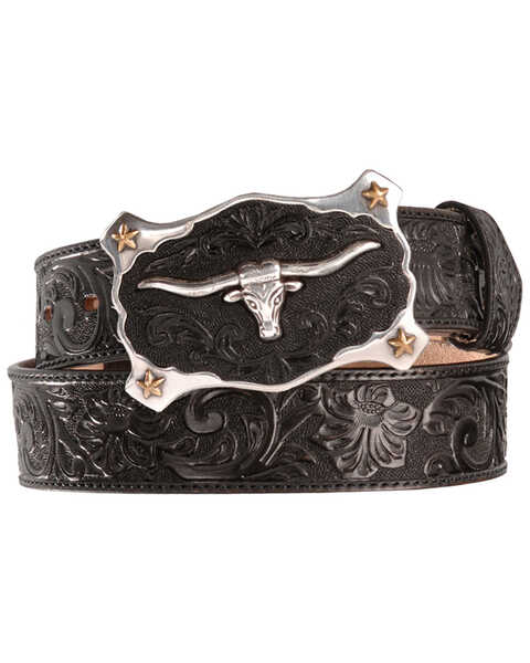 Image #1 - Justin Men's Longhorn Buckle Leather Belt , Black, hi-res