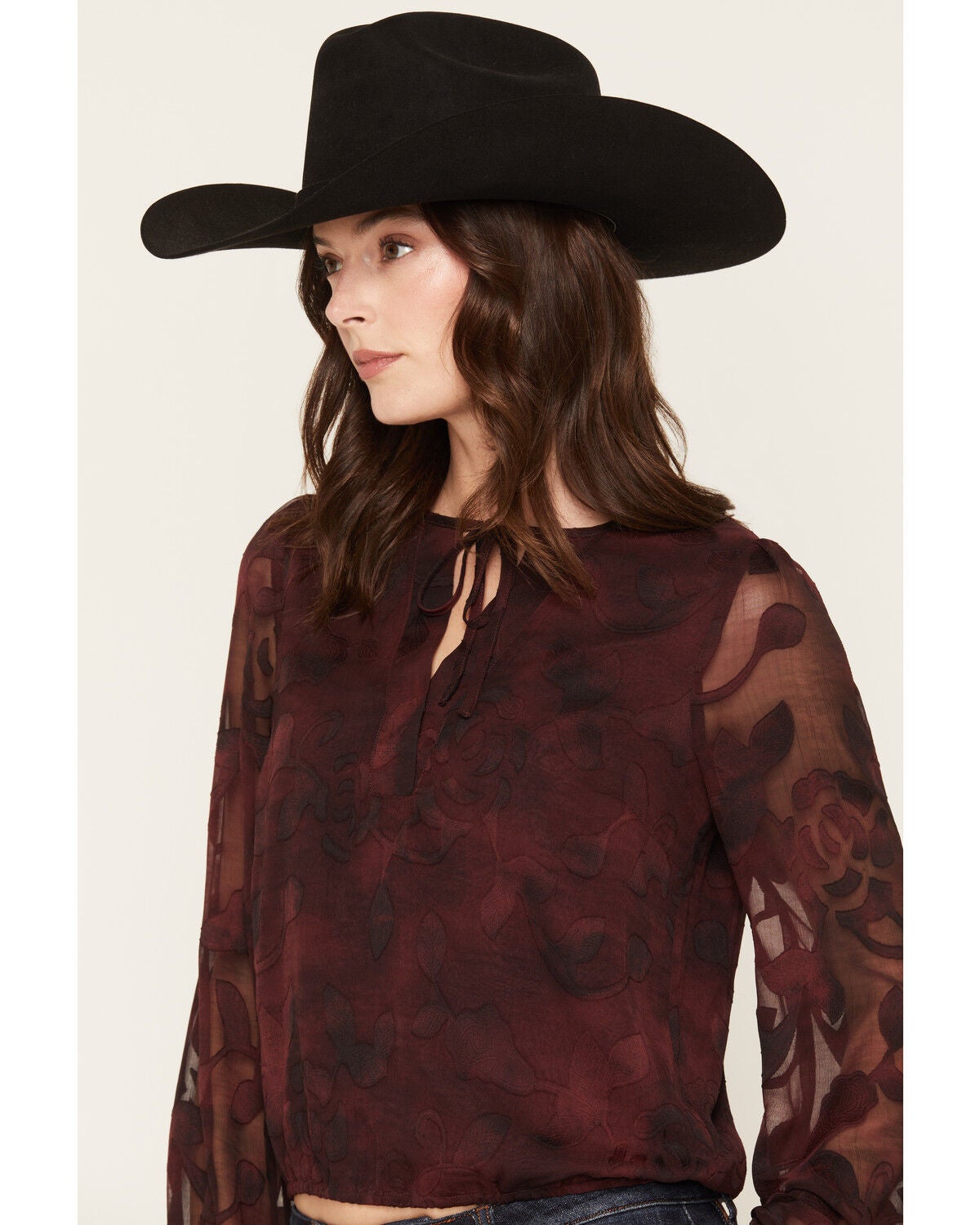 Image #2 - Idyllwind Women's Delwood Tie-Front Long Sleeve Blouse, Wine, hi-res