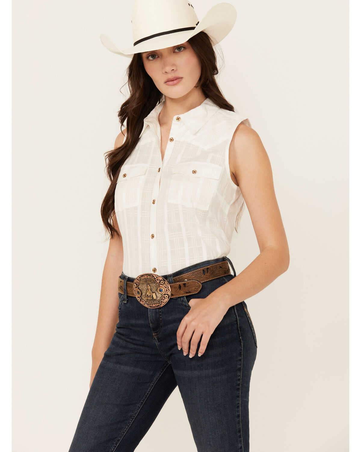 Image #2 - Shyanne Women's Shadow Striped Sleeveless Button-Down Western Shirt, Cream, hi-res