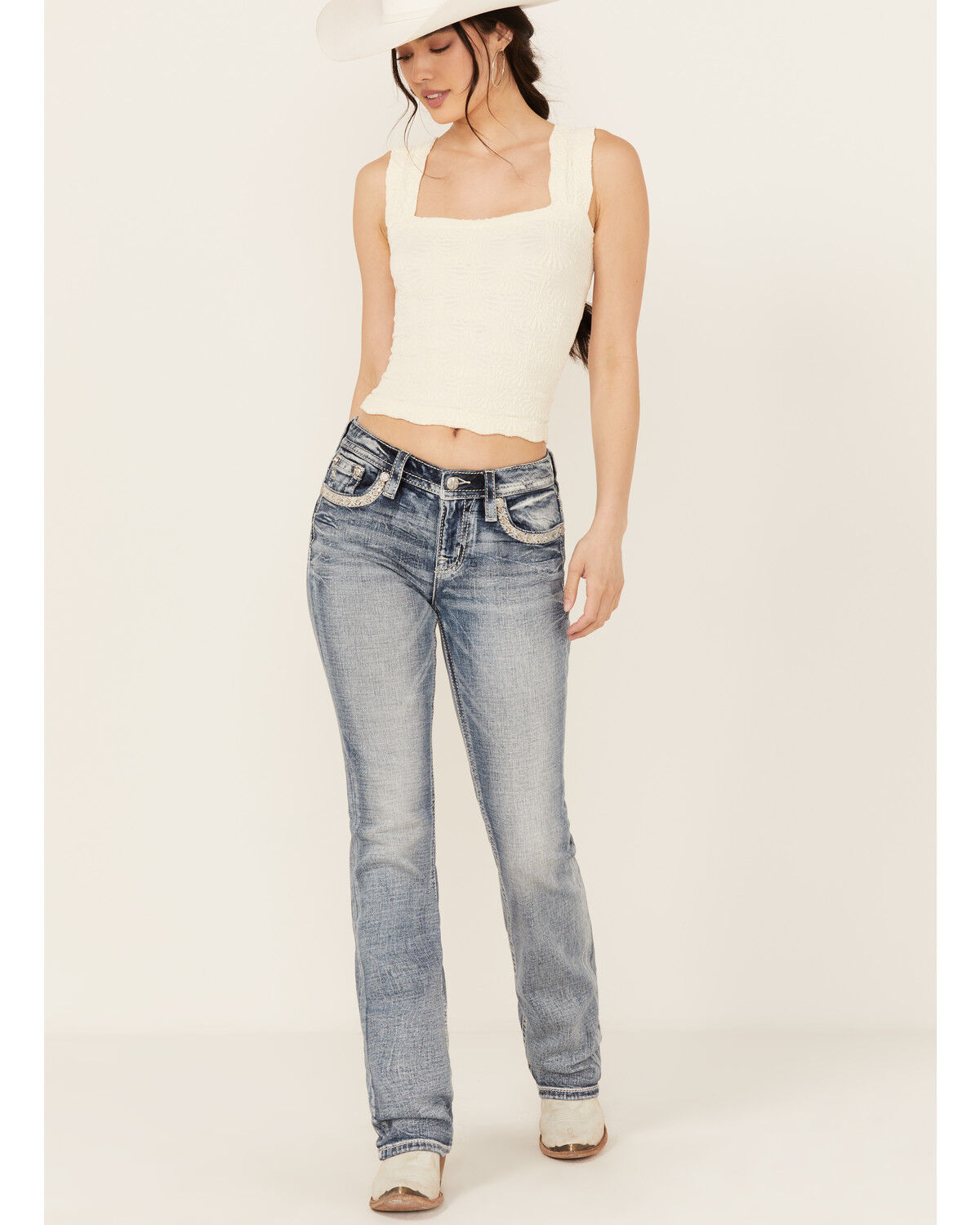 Image #3 - Miss Me Women's Medium Wash Mid Rise 34" Bootcut Stretch Denim Jeans, Medium Wash, hi-res