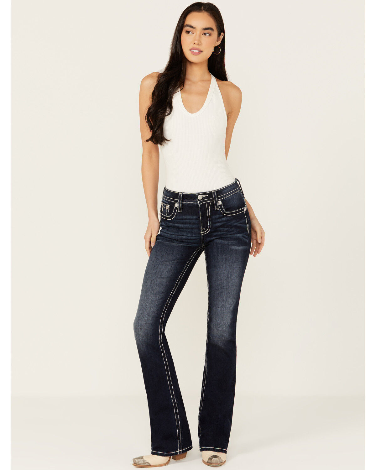 Image #3 - Miss Me Women's Dark Wash Wing Pocket Bootcut Stretch Denim Jeans, Dark Wash, hi-res