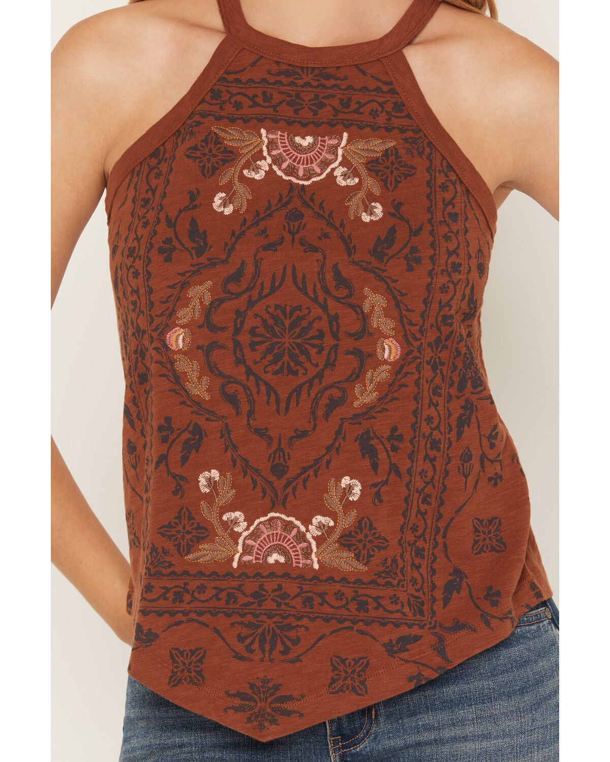 Image #3 - Shyanne Women's Wren Floral Embroidered Halter Tank Top, Brown, hi-res