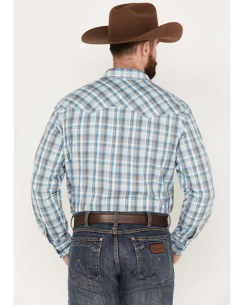 Image #4 - Wrangler Men's Dobby Plaid Print Long Sleeve Snap Western Shirt, Teal, hi-res