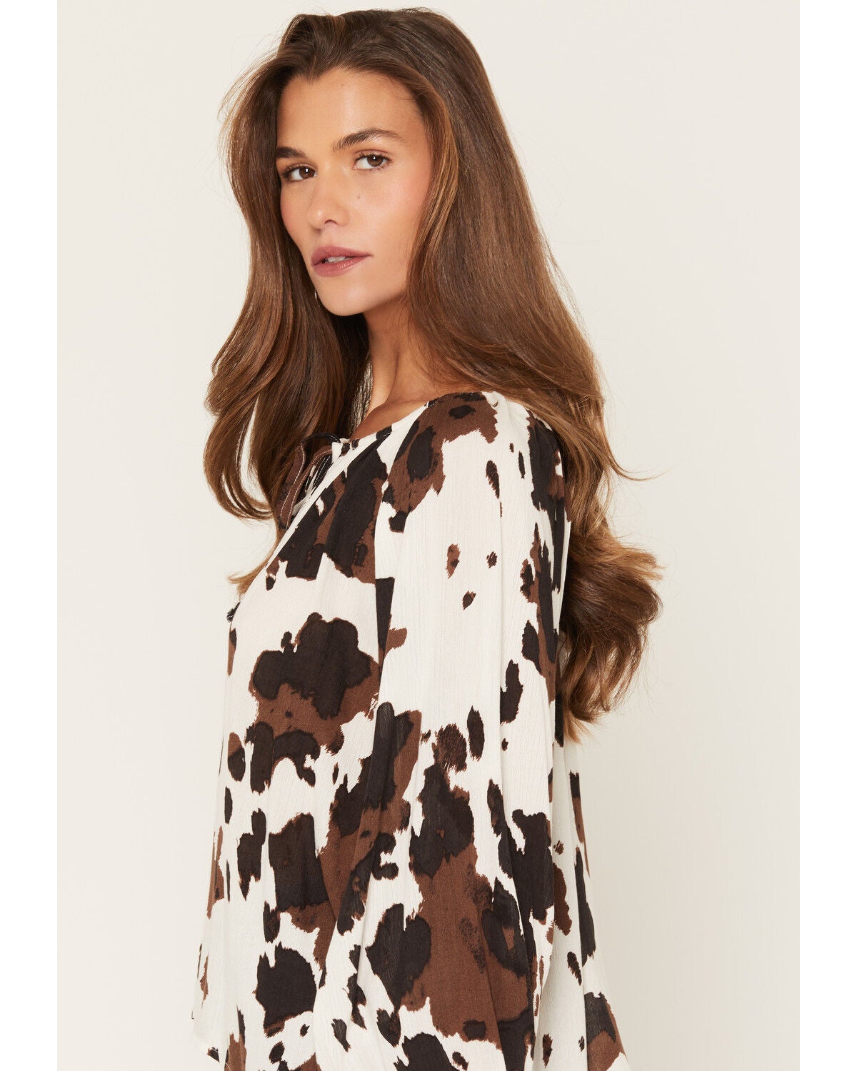 Image #2 - Wild Moss Women's Cow Print Long Sleeve Peasant Top, Brown, hi-res