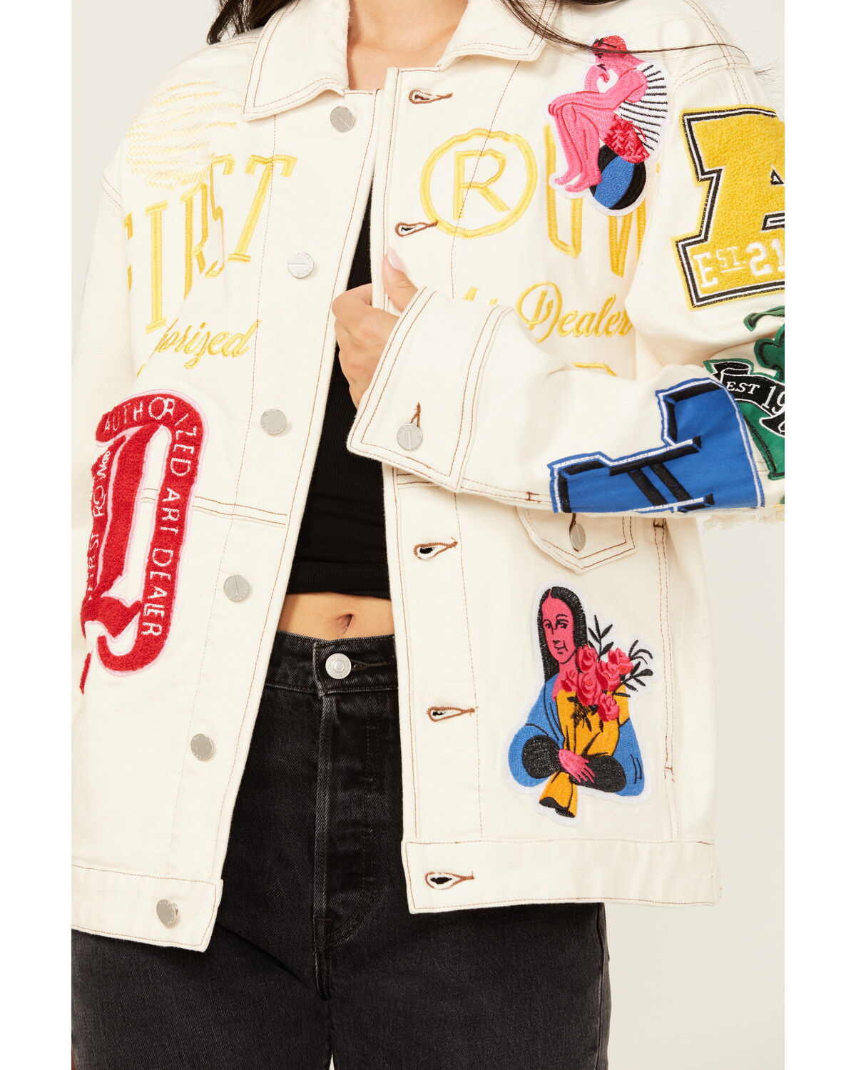 Image #3 - First Row Women's Embroidered Denim Jacket, Khaki, hi-res