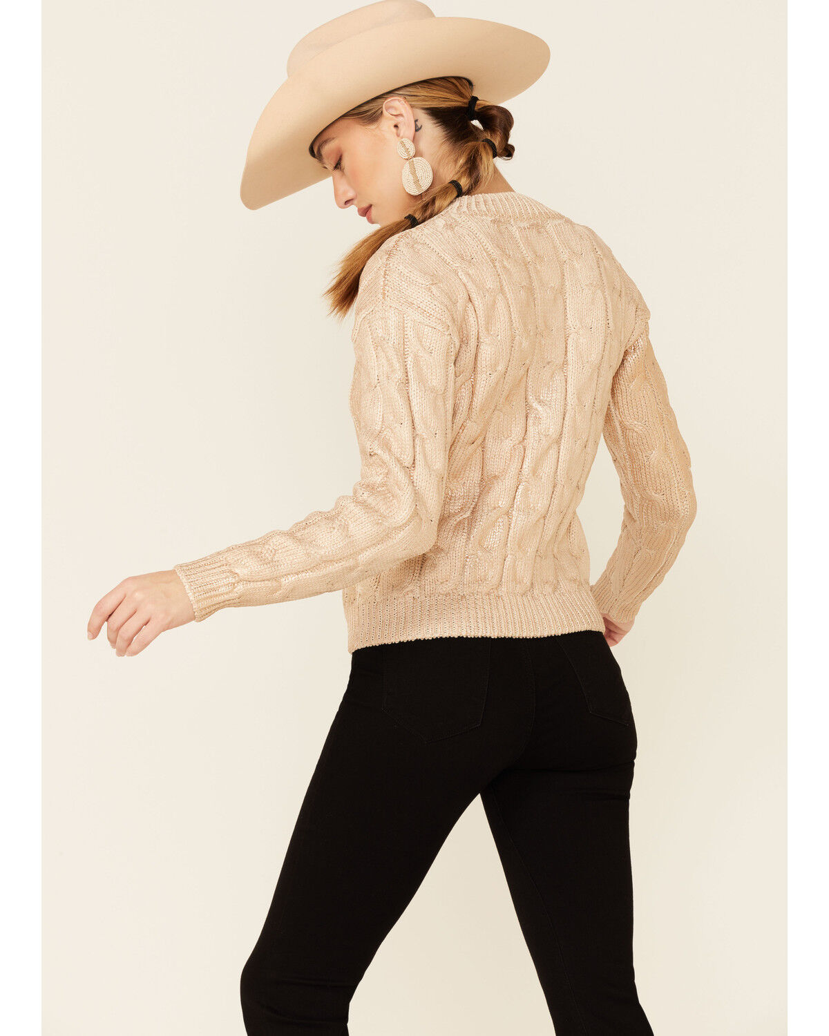 Image #4 - Rock & Roll Denim Women's Metallic Cable Knit Sweater, Gold, hi-res
