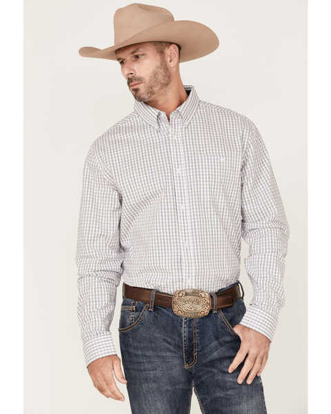RANK 45 Men's Fishing Small Plaid Print Long Sleeve Button Down Western Shirt , White, hi-res