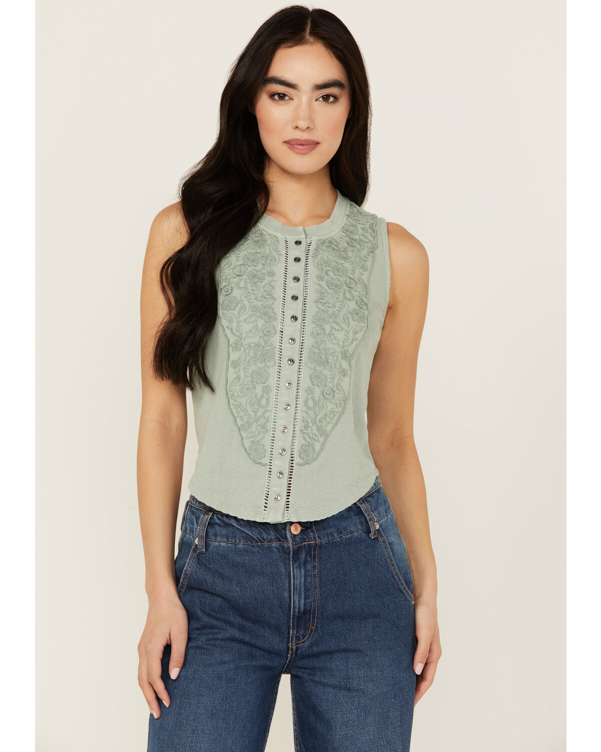 Image #1 - Rock & Roll Denim Women's Sleeveless Embroidered Tank Top, Jade, hi-res