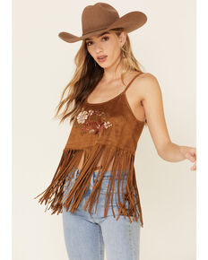 Shyanne Women's Floral Embroidered Faux Suede Cropped Fringe Tank, Brown, hi-res